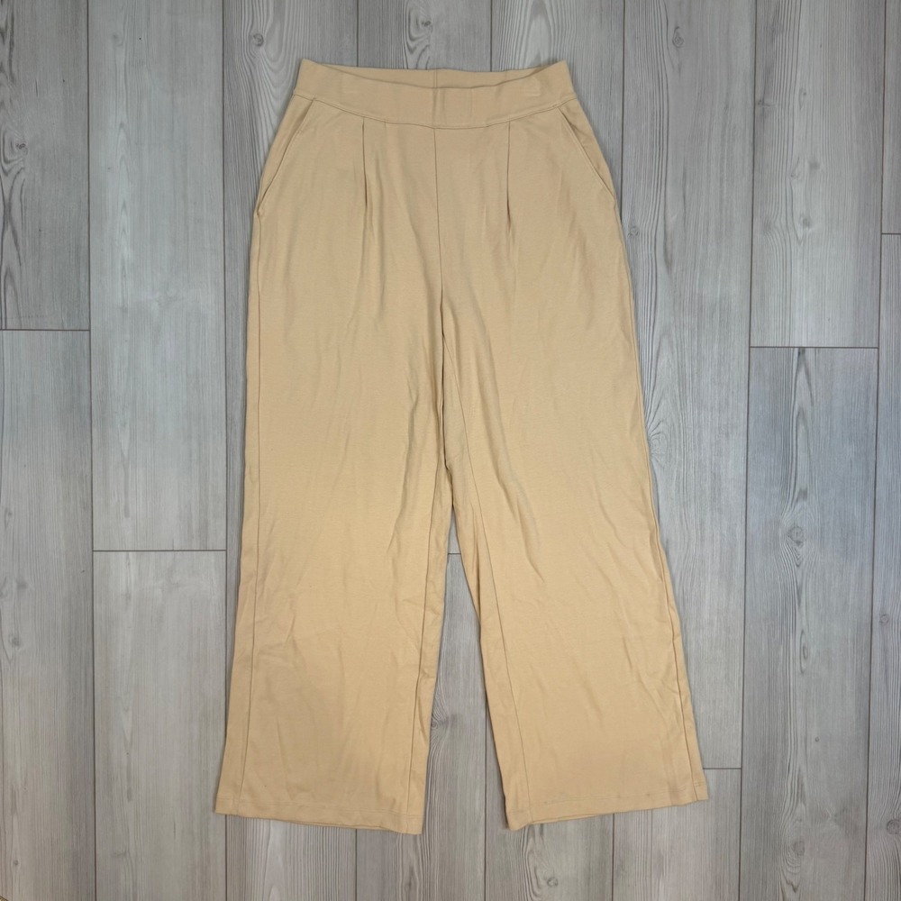 Lands End Sport Knit Pants Tan Beige Pleated Wide Leg Cotton Mens M 10-12 550370